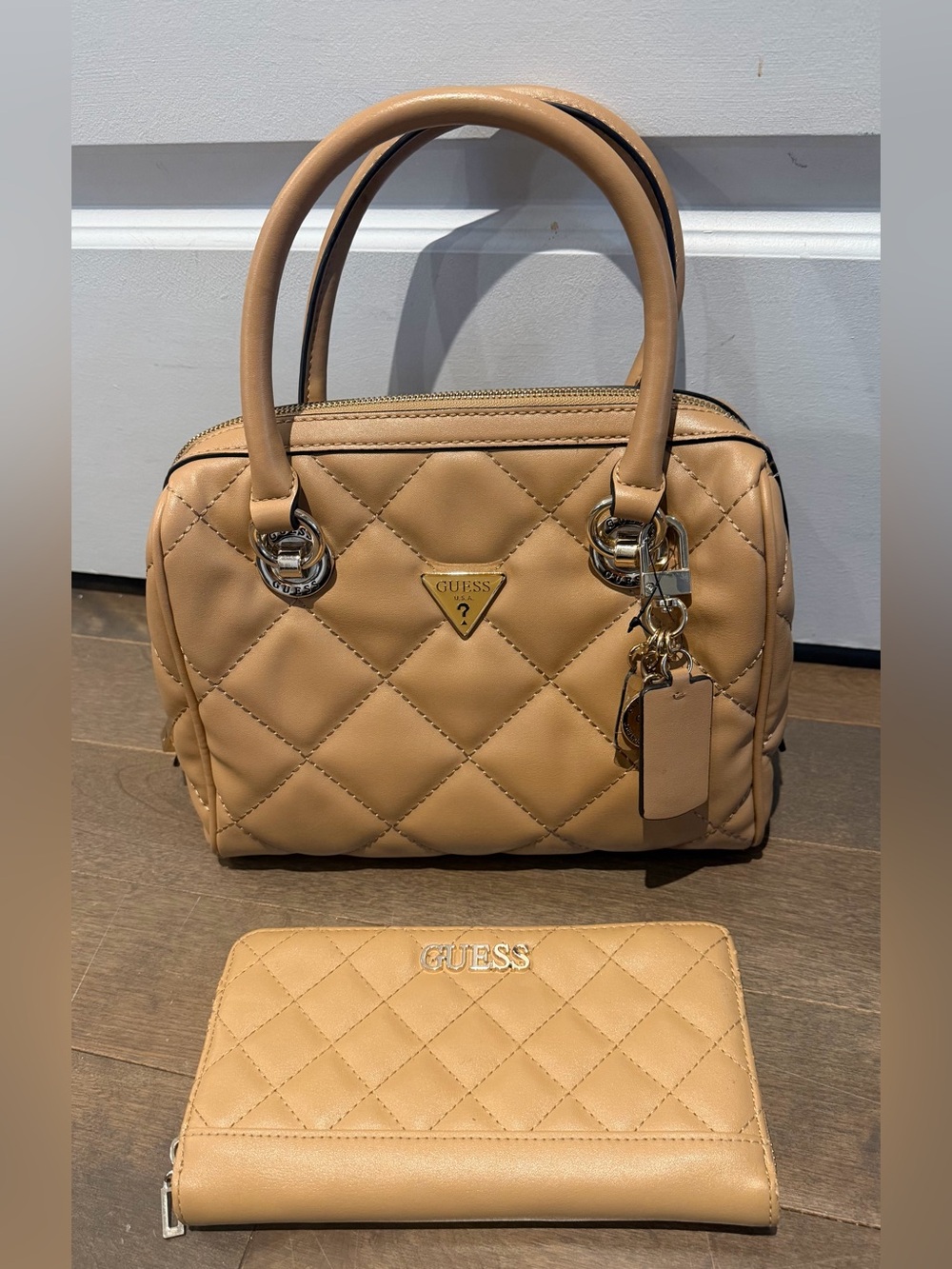 GUESS Quilted Beige-Tan Satchel with Matching Zip Wallet